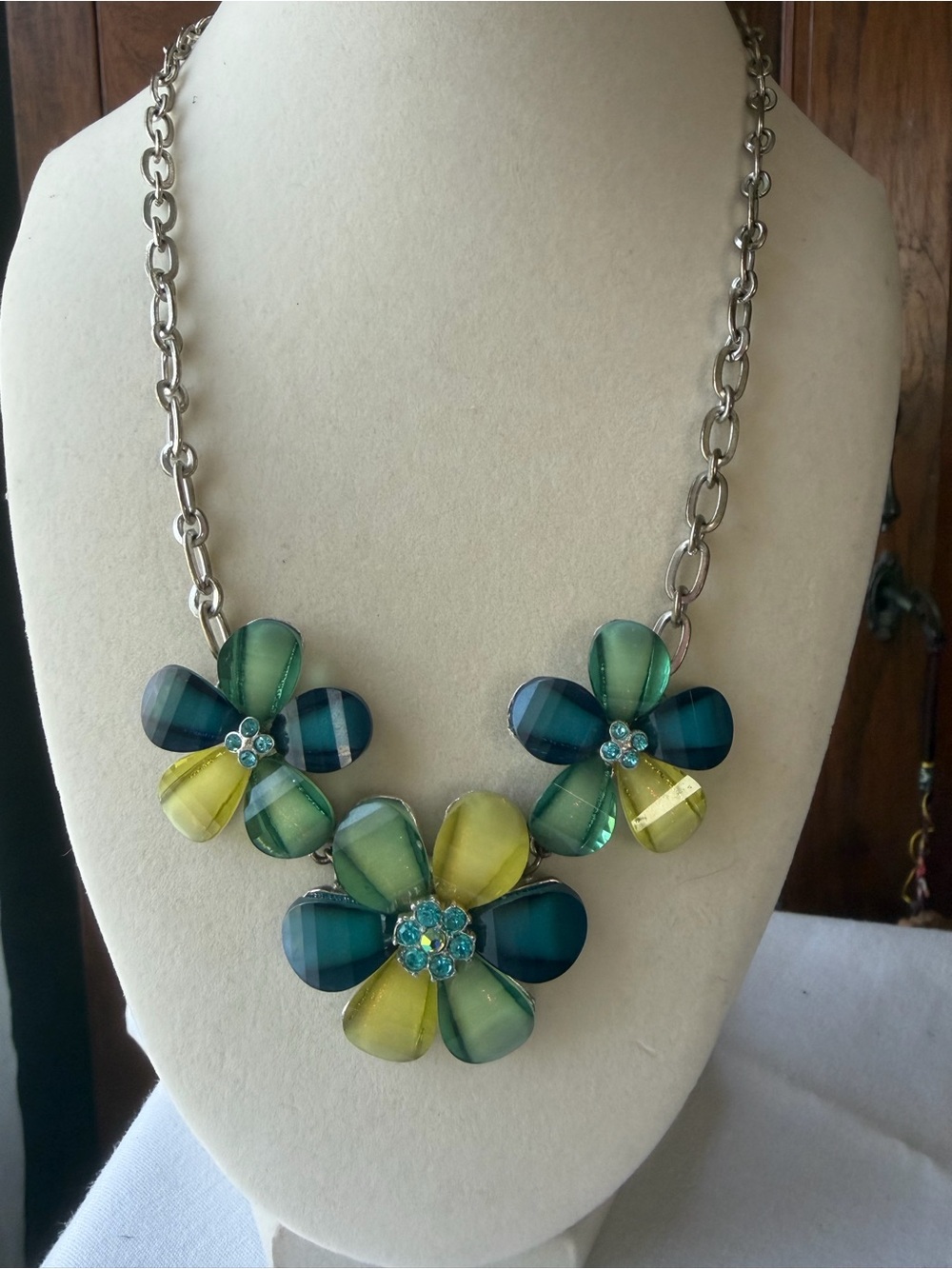 Blue Green Floral Statement Necklace Rhinestone Flower Bib Necklace